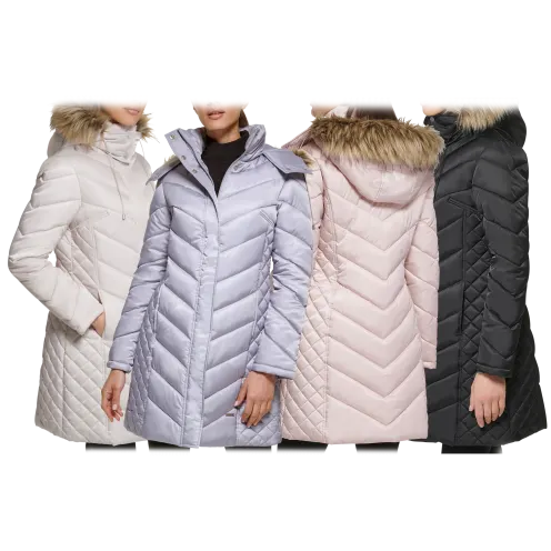 Kenneth Cole Mid-Length Chevron Quilted Puffer Jacket with Faux Fur Trim